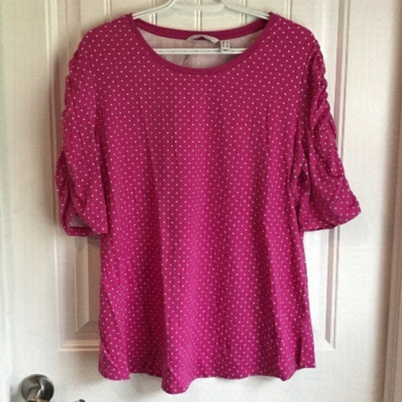 ISAAC Mizrahi Live polka dot pink rouched elbow sleeve XL top - Picture 2 of 8